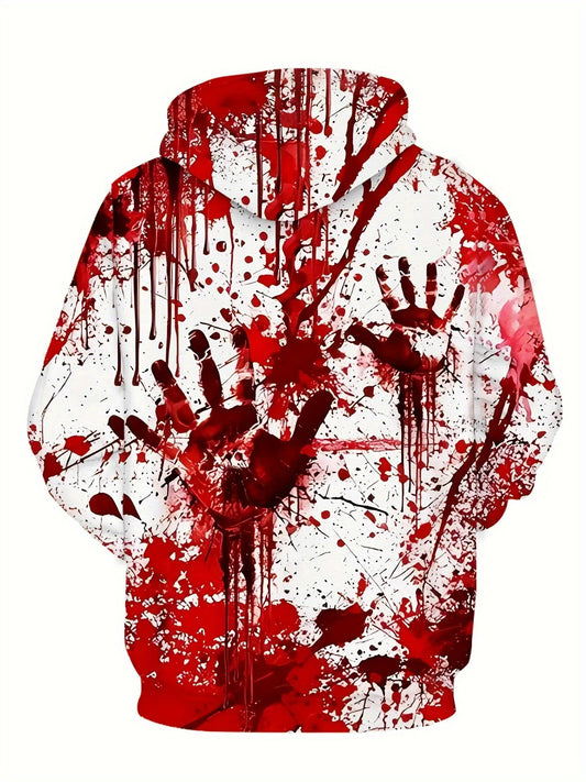Men's 3D Graphic Print Hooded Sweatshirt with Red Palm & Blood Splatter Design - Edgy Gothic Streetwear Pullover, White & Red Colorblock, Machine Washable Long Sleeve Casual Winter Hoodie for Men, PLUS SIZE