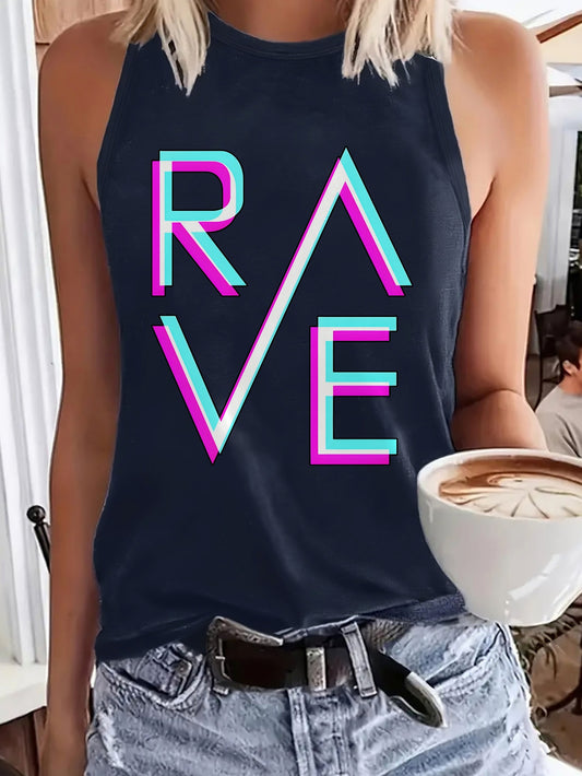 Women's Sexy Sleeveless Tank Top - Black with Neon Pink & Blue 'RAVE' Letter Print, 100% Polyester, Stretchy Round Neck, Machine Washable, All-Season Casual Wear