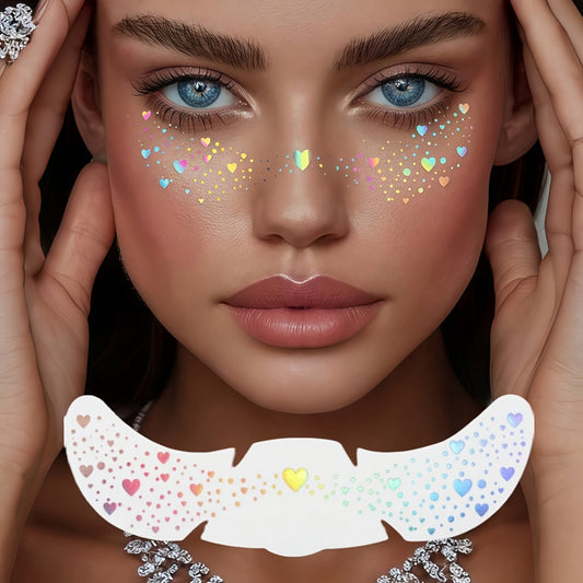6 Sheets Glitter Freckles Holographic Stickers Heart Freckle Tattoos Glitter Stickers Waterproof Temp Tattoos with Glittery Star Heart Dot Pattern for Party Festival Daily Makeup