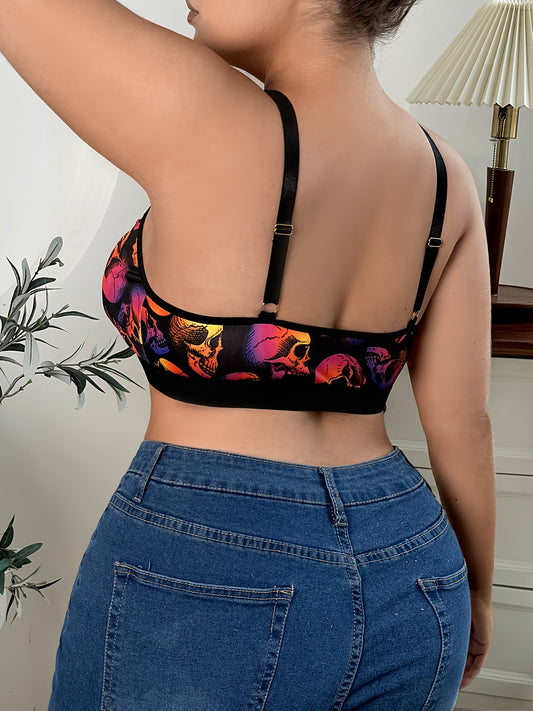 Women's Plus Halloween Gothic Bra, Plus Size Skull Print Cut-out Cross Halter Bralette