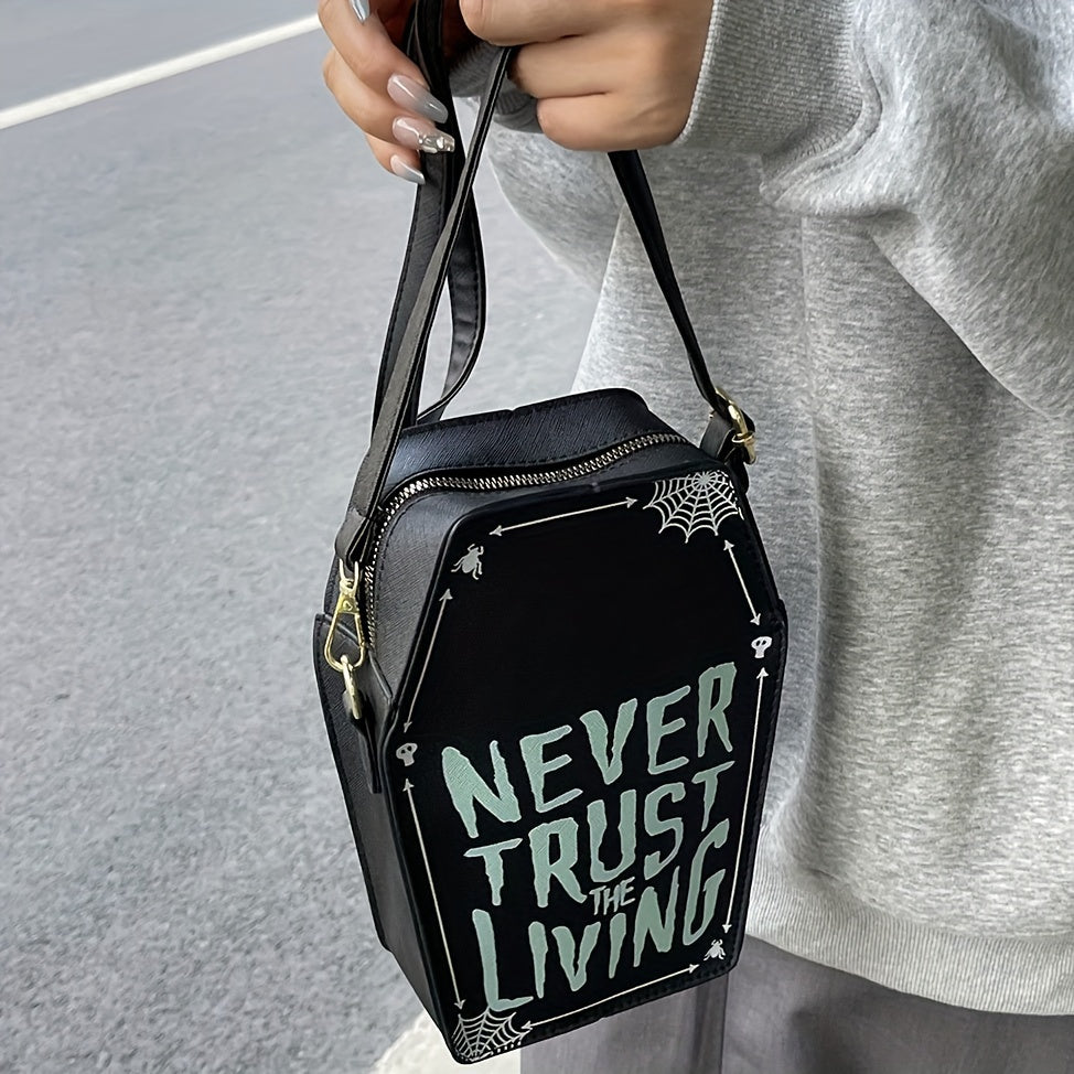 1pc Halloween Coffin-Shaped Fashion Shoulder Bag for Women, Sexy Gothic Faux Leather Crossbody Purse with "Never Trust The Living" Print, Zip Closure, Polyester Lining, and Edge Detailing