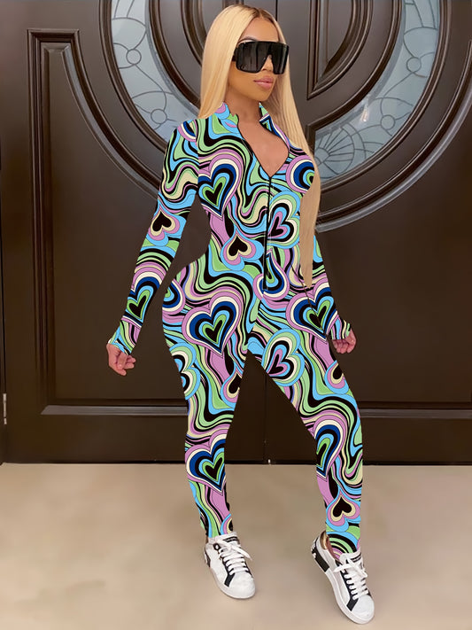 Colorful Long-Sleeve Jumpsuit with Heart-Shaped Print