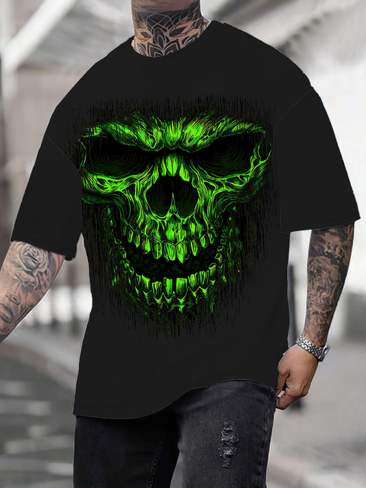 Men's Graphic T-Shirt - Bold Neon Green Skull Print Tee, Heavy-Duty 100% Polyester Shirt for Everyday & Halloween Outfits, Machine Washable Big & Tall Sizes Available - Edgy Streetwear Essential, Casual Wear, Round Neckline T