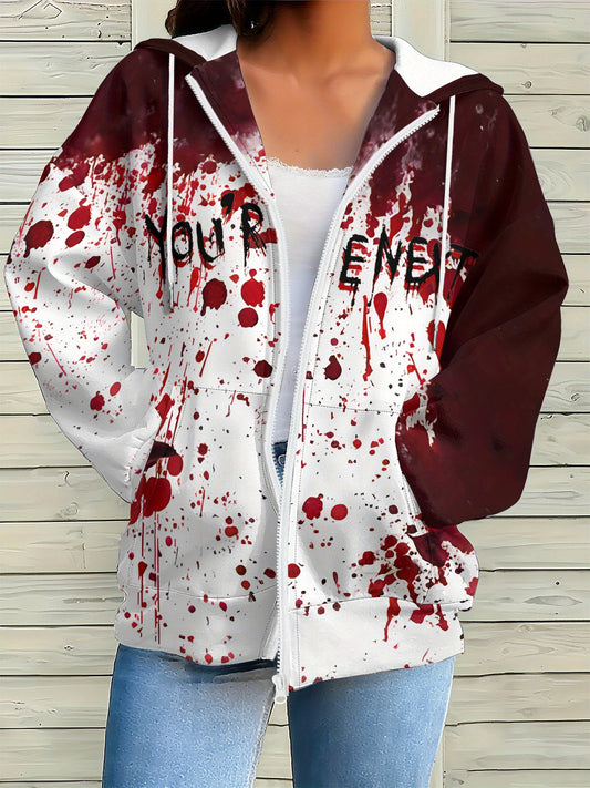 Women's Gothic Horror Jacket - Two-Tone Red Blood Splatter Hooded Zipper Coat, Halloween Costume Outerwear, Machine Washable Party Jacket for Themed Events & Casual Attire, Casual Streetwear, Edgy Fashion, Comfortable Fit, St