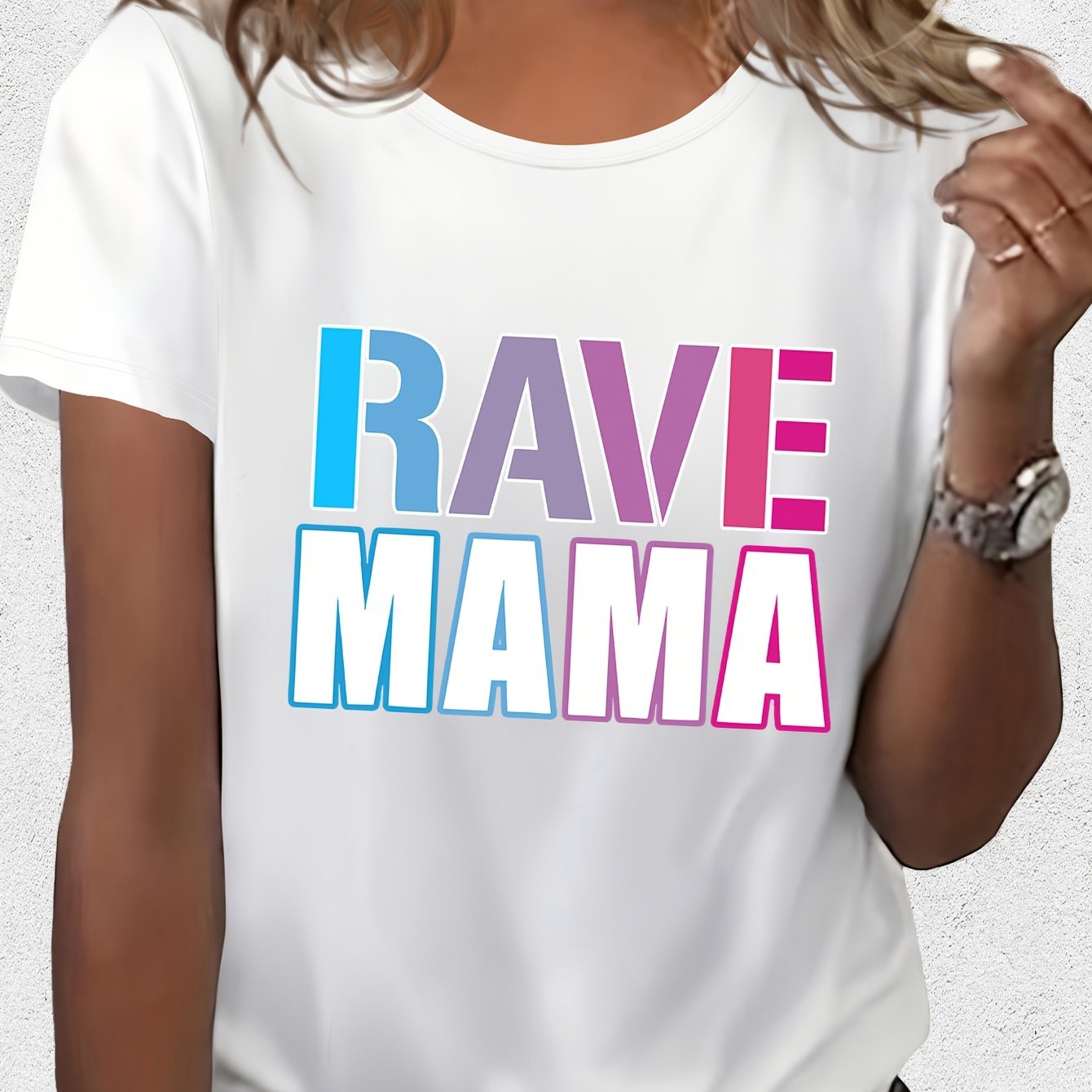 Women'S "Rave Mama" Graphic Tee - Black Casual Summer T-Shirt with Colorful Lettering, Short Sleeve, Round Neck, Lightweight Polyester Blend, Perfect for Festivals & Casual Attire, Festival Clothing | Playful Design | Comfort