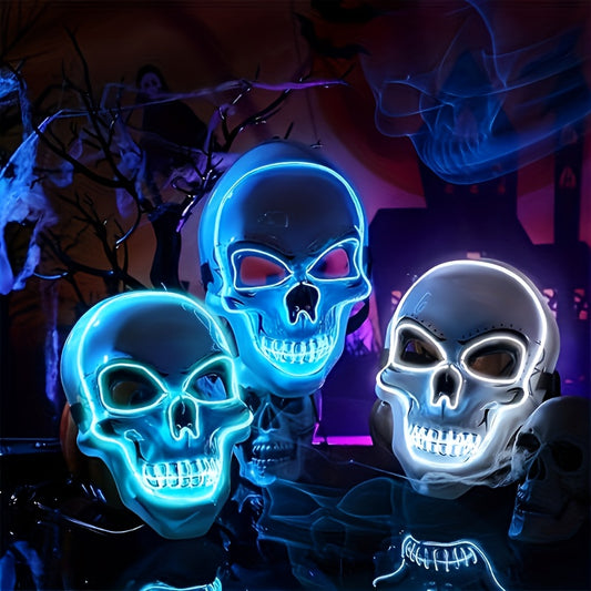 LED Glowing Skull Mask with Blue Light Effects - Self-Lit Halloween Costume Party Mask with Expressive Eyes & Sharp Teeth, Battery-Powered (Batteries Not Included) for Men's Costumes, Themed Events, Gothic Performances - Comp