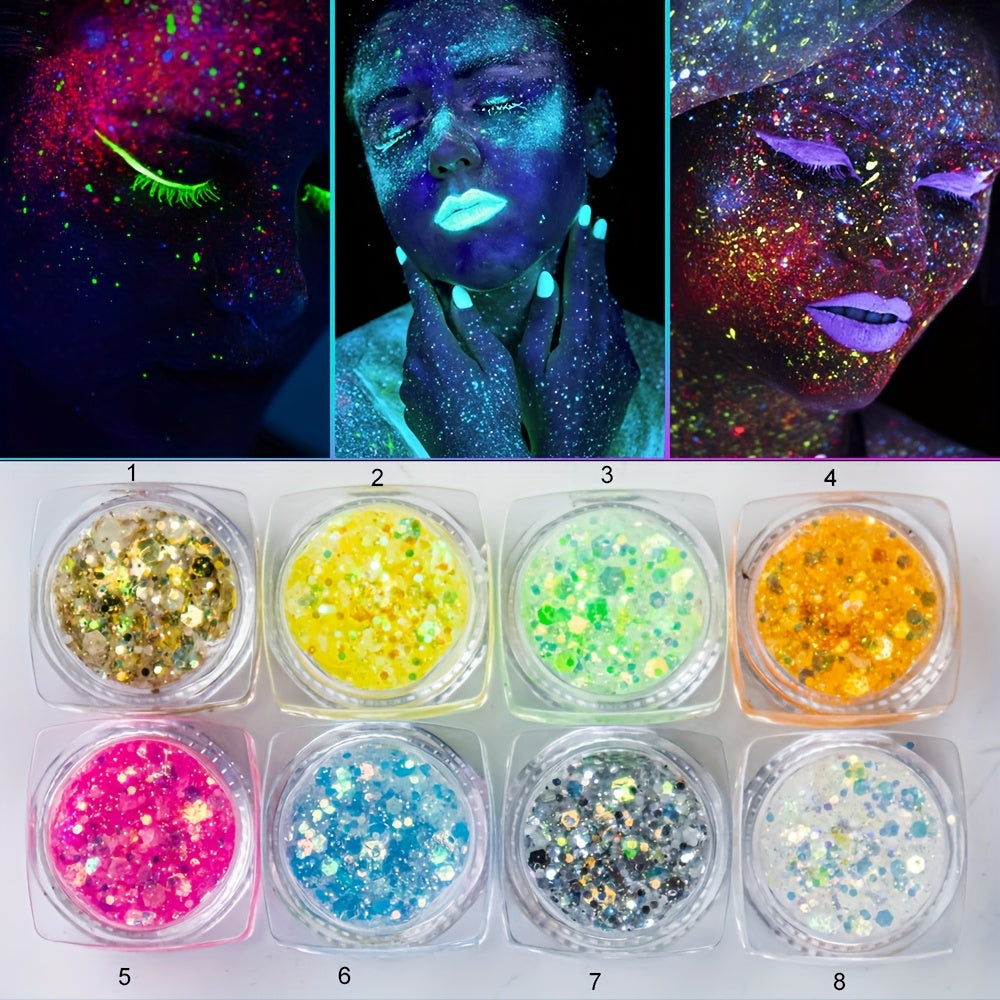 8 Colors Glow-in-the-Dark UV Gel Glitter - Quick Dry, Self-Adhesive Neon Face & Body Paint for St. Patrick's Day, Mardi Gras, Halloween, Raves & Festivals, Vibrant Blacklight Party Makeup Accessories, Festive Face Paint | Glo