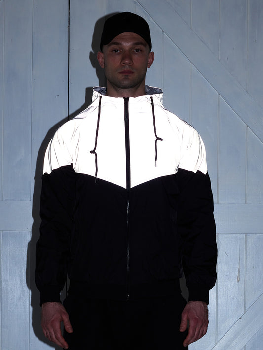 Men's Reflective Windproof Hooded Jacket - Stylish Black & White Gradient Design, Soft Shell for Spring/Fall Sports, Casual Loose Fit with Pockets, Windbreaker Jacket