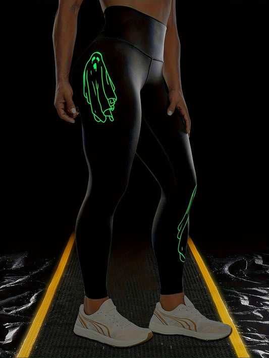 Halloween Fluorescent Skeleton Hands Printed Sports Yoga Leggings, High Waist Workout Running Sports Tight Pants, Women's Activewear Carnaval for carnival & Music Festival