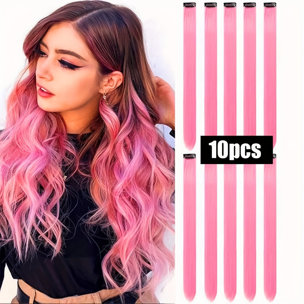 10pcs Glowing Clip-In Synthetic Hair Extensions 20-Inch Colorful Neon Glow-in-the-Dark Wigs, Easy-to-Wear Clip Design, Smooth Soft Texture, Women'S Daily Fashion Accessory for Halloween New Year Parties