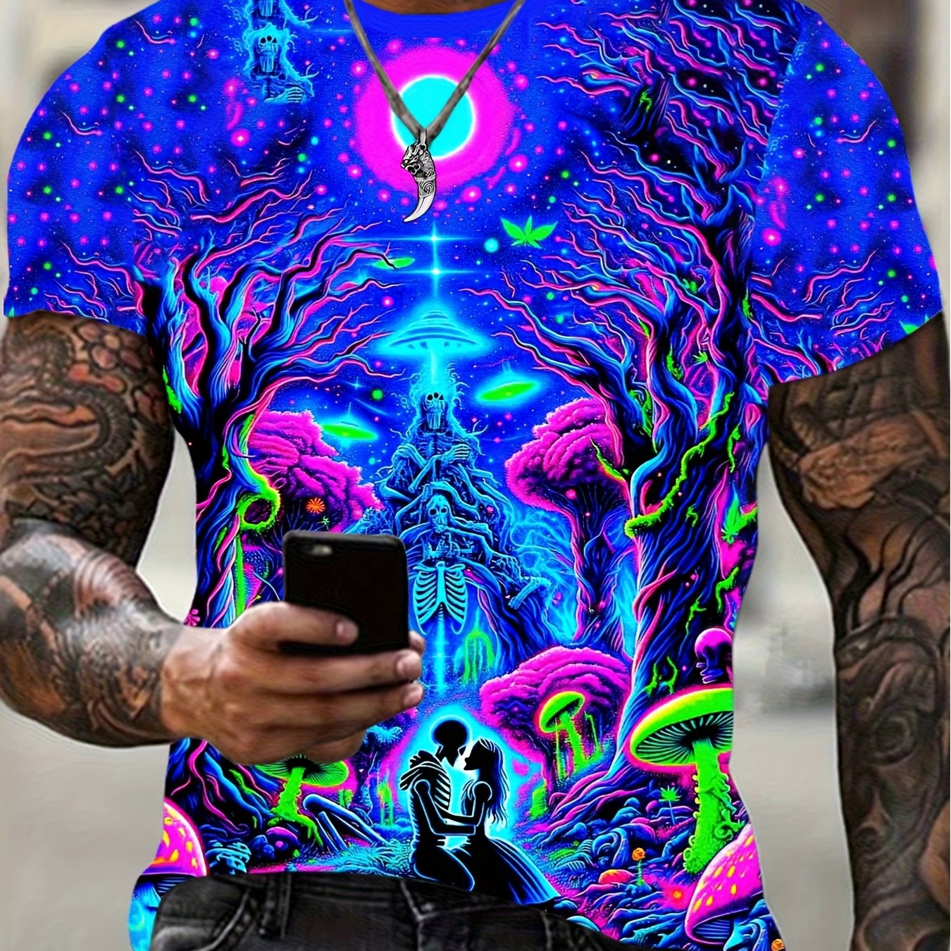 Men's 3D Printed Geometric Cosmic Scene Casual T-Shirt - Vibrant Neon Colors, Machine Washable Crew Neck Short Sleeve Top for Summer Outdoor Activities, Artistic Back Design