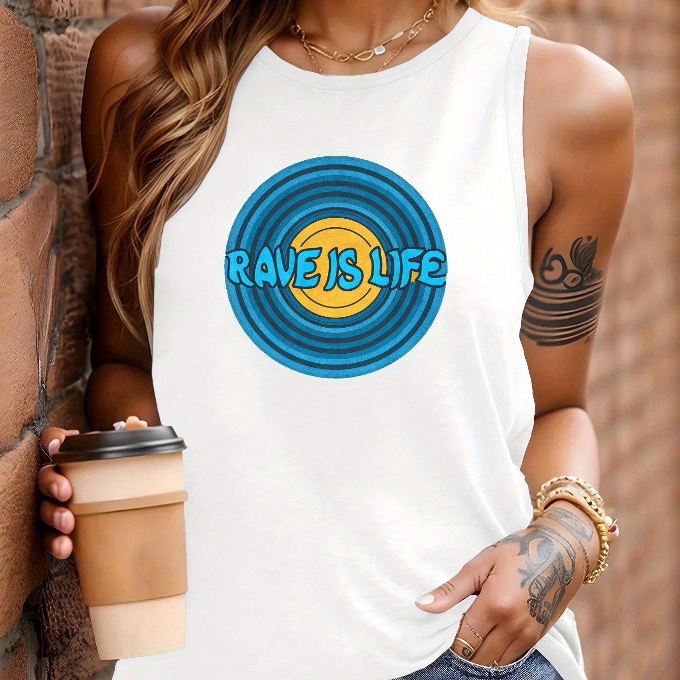 Rave Is Life Women's Sleeveless Vest - Vibrant Red Geometric Circular Design, Casual Round Neck, Machine Washable All-Season Wear for Festivals, Parties & Everyday Outfits, Rave Accessories, Festival Outfit, Bold Graphic, Lig