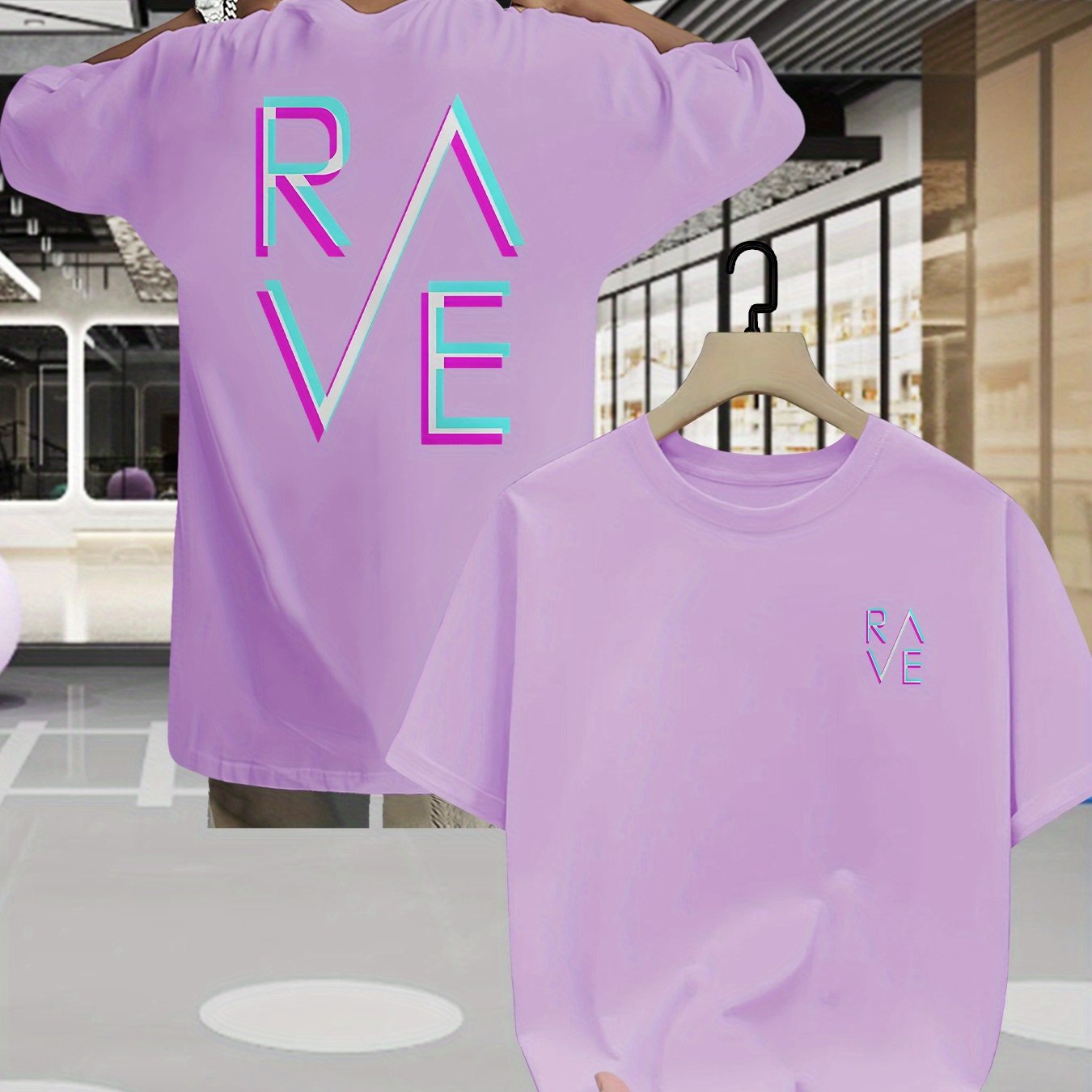 Men'S Summer Casual RAVE Graphic T-Shirt - Black with Pink & White Neon Print, Short Sleeve, Round Neck, Lightweight Polyester Blend, Perfect for Casual Attire, Everyday Tshirt | Round Neck Shirt | Comfortable Fit