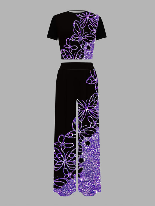 Elegant 3D Floral Print Crop Top & Glittery Purple Pants Set - Sexy, Stretchy Polyester, All-Season Wear, Perfect for Casual or Stylish Outfits, Seasonal Fashion | Floral Print Top | Glittery Legging