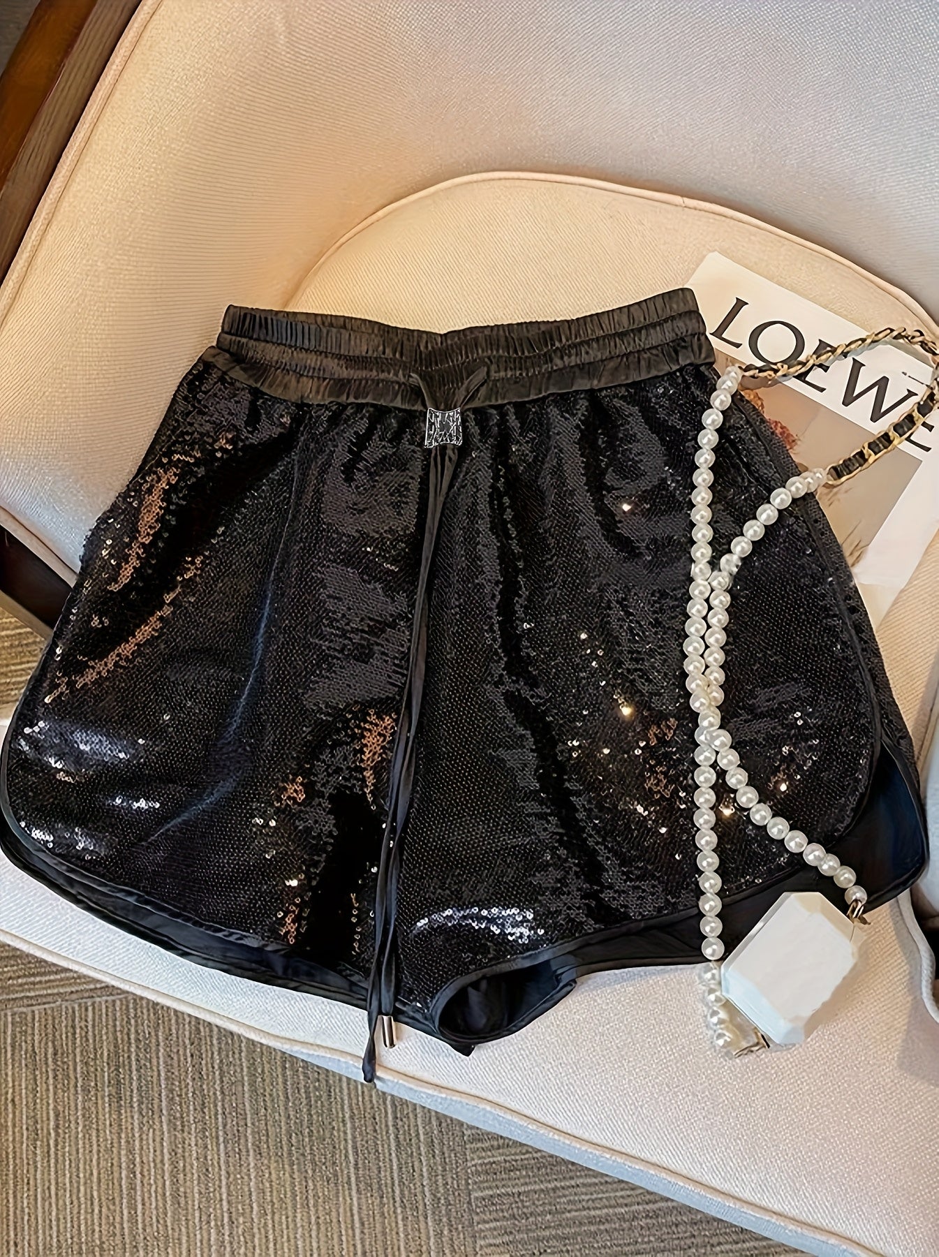 Women's Black Sequin Shorts with Elastic Drawstring Waist - Summer Sparkle Shorts for Casual & Formal Occasions, Non-Stretch Fabric, Hand Wash/Dry Clean