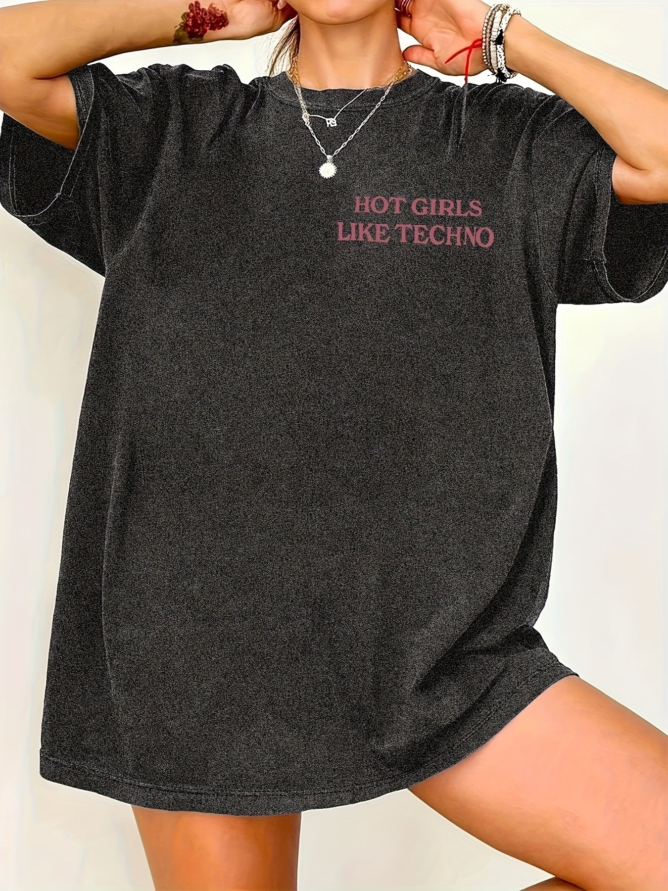 Women's TECHNO Graphic Tee - Lightweight Breathable T-Shirt with Front & Back Pink Slogan Print - Machine Washable Clubbing Shirt for DJs, raves, techno Parties - All-Season Casual Top, Rave Outfit, Bold Statement Design, Com