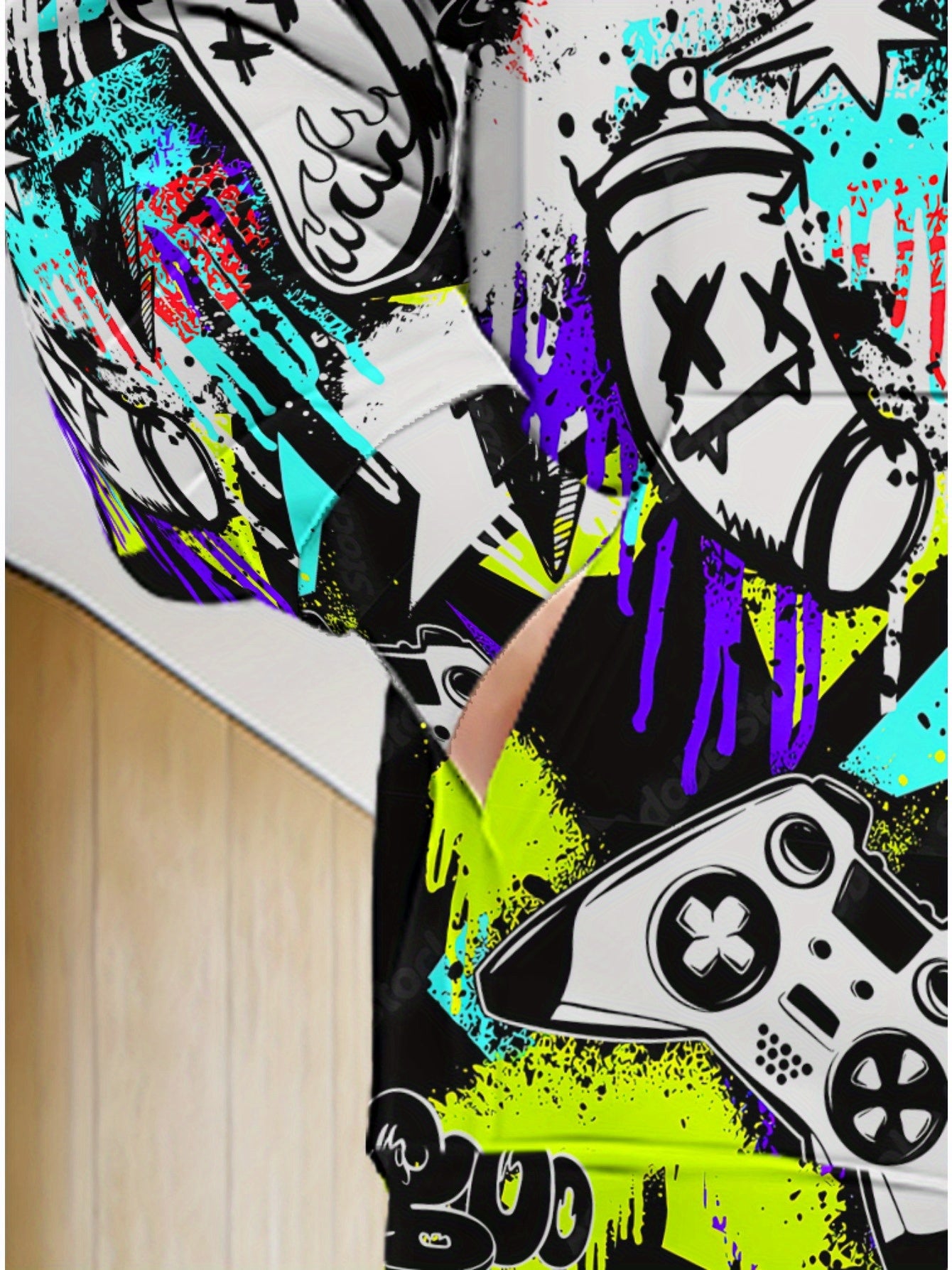 Men's Full-Zip Hoodie - Lightweight Graffiti Jacket with Neon Street Art, Game Controller Graphic Pockets - Zippered Hooded Sweatshirt for Urban Streetwear, Gaming & Casual Outfits - Machine Washable Polyester Outerwear, Dura