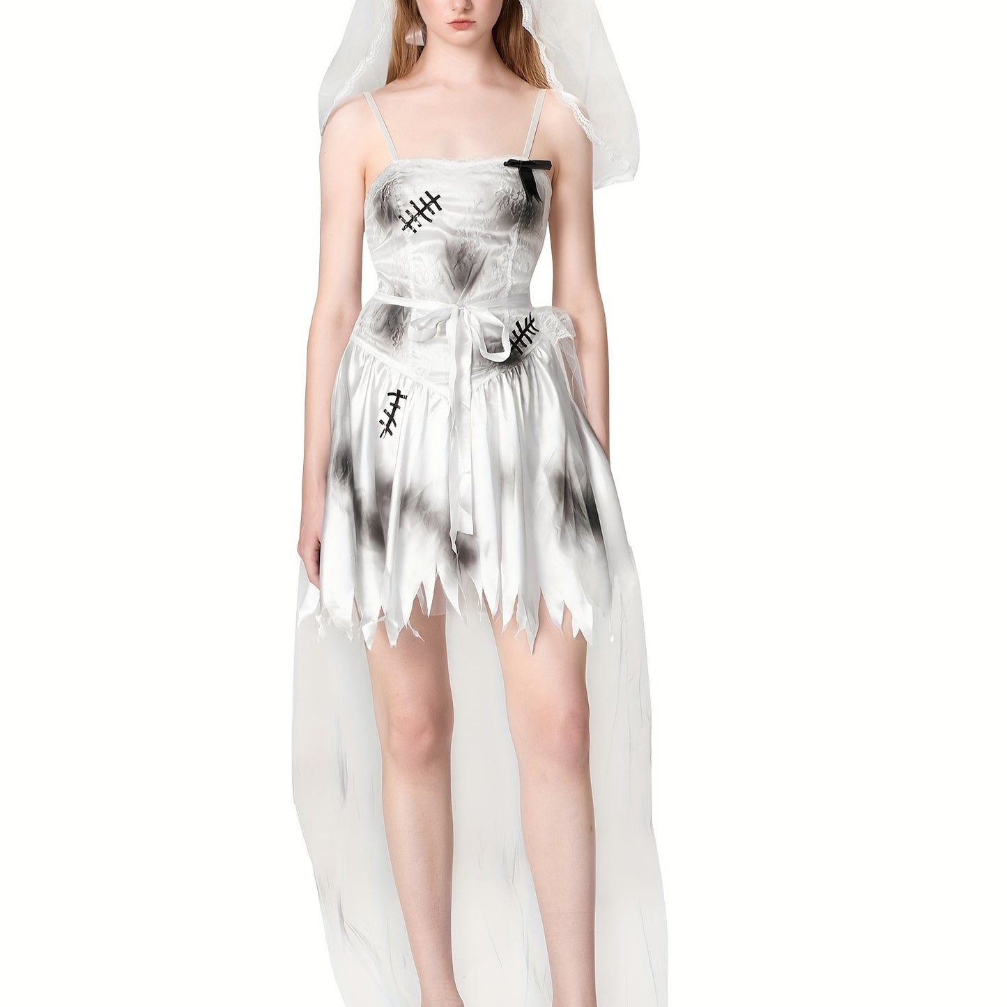 Women'S Corpse Bride Costume - Gothic Zombie Bride Dress with Headband, Off-the-Shoulder Wedding gown, for Halloween, Horror Parties, Themed Events - Spooky Bride Outfit, Halloween Attire, Eerie Fashion, Mesh Detailing, Cospl