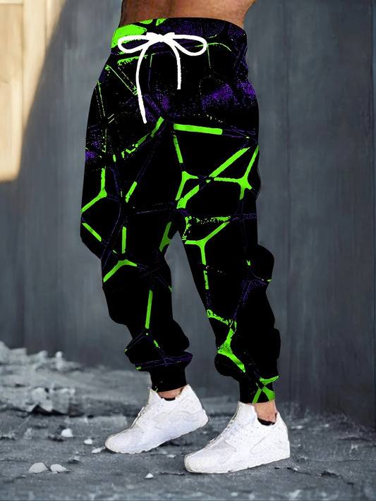 Men's 3D Neon Green Print Joggers - Black Casual Pants with Adjustable Drawstring Waist & Pockets, Regular Fit for Lounge, Gym, Casual Attire - Machine Washable, Adjustable Joggers | Trendy Joggers | Comfortable Fit