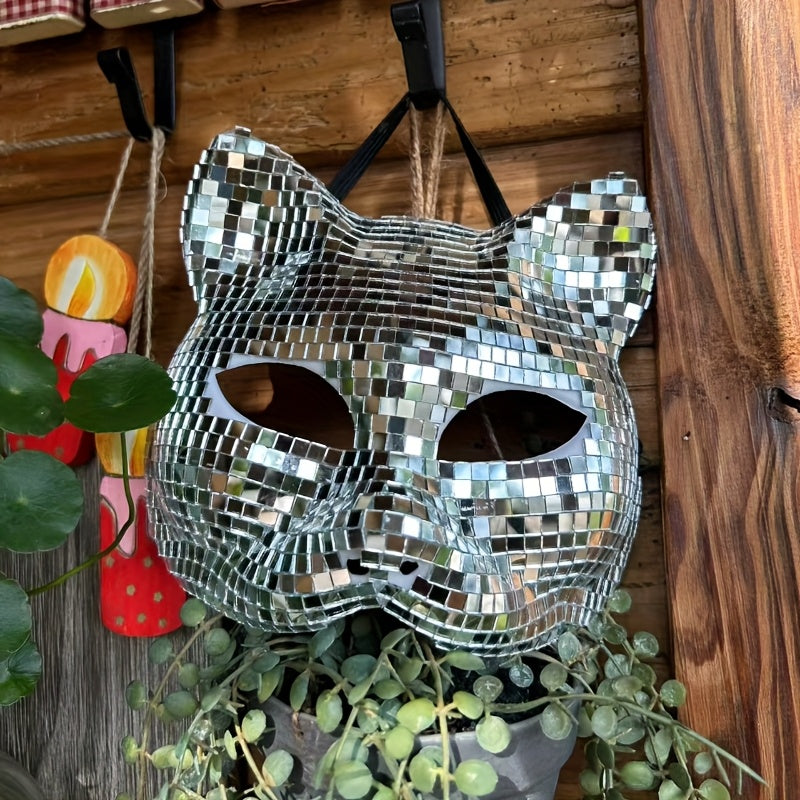 1 Cat Face Mask - Disco Reflective Mask - Elegant, Stylish Mosaic Mirror Mask - Shiny - Nightclub Costume Party Masquerade - Unisex Halloween Mask