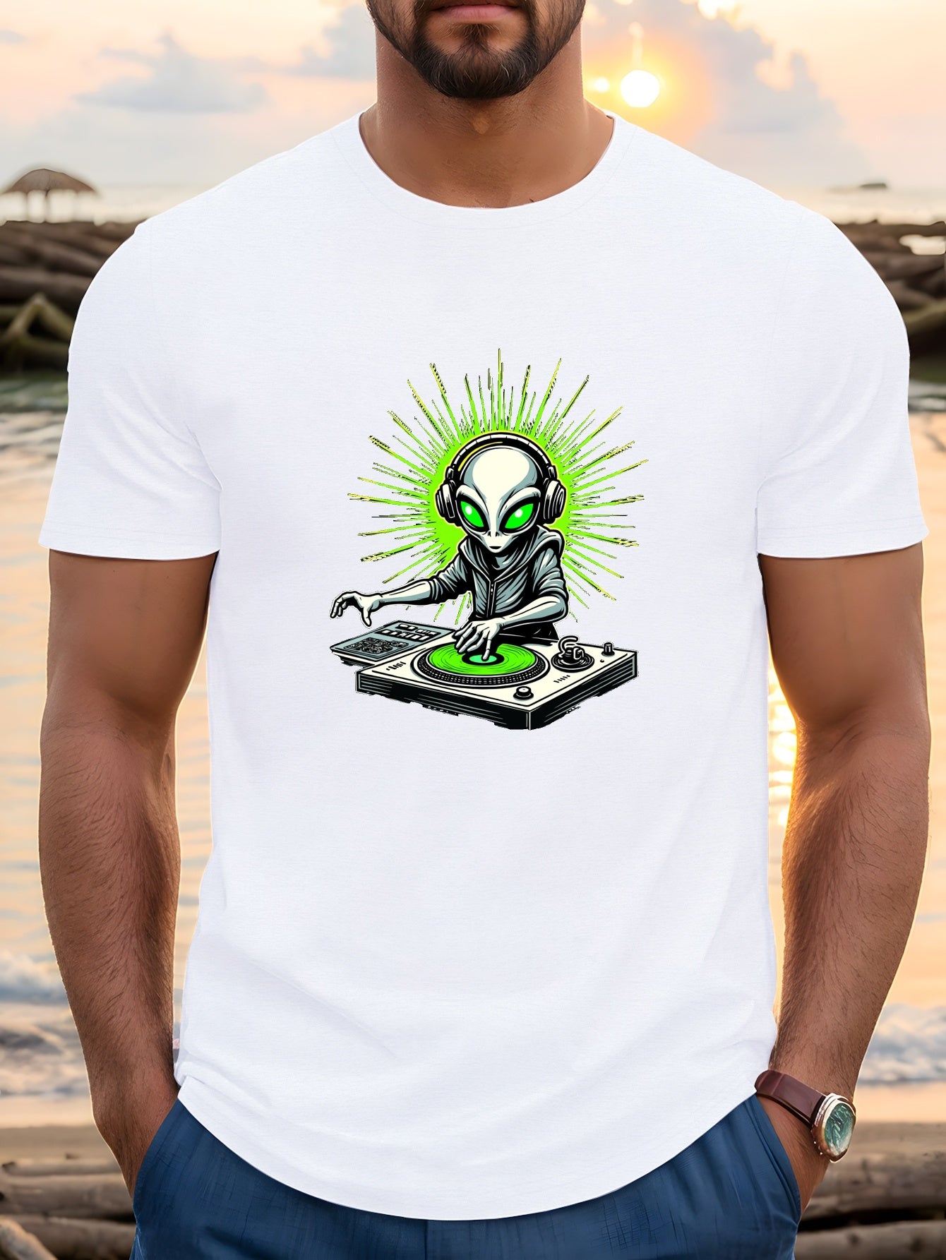 Men's Alien DJ with Headphones & Neon Green Sunburst Graphic Print Crew Neck T-Shirt - Lightweight Summer Casual Tee, Regular Fit, Machine Washable, Music Lover Apparel | Playful Design Shirt | Breathable Fabric