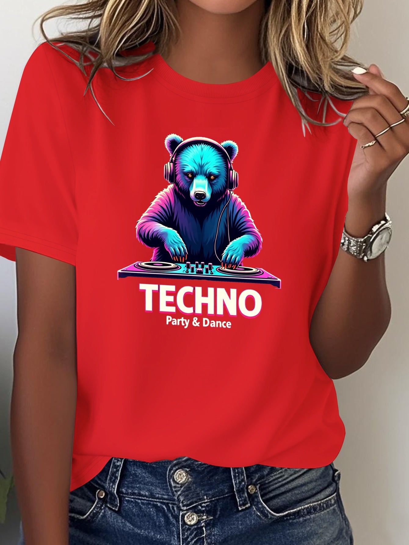 Women's Techno Party Bear DJ Graphic T-Shirt - Dark Grey with Neon Accents - Soft Everyday Tee for Clubbing, Raves & Casual Outfits - Machine Washable Party Shirt, Disco Party Outfit, Rave Clothing, Vibrant Print, Comfortable