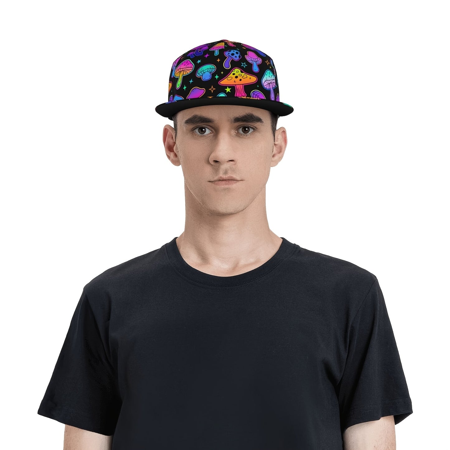 Vibrant Neon Mushroom Snapback Cap - Adjustable Flat Brim Hat, Hip-Hop Street Style, Colorful Design with Glowing Stars & Mushrooms, Perfect Gift for Men, Women, and Teens, Casual Headwear | Playful Design | Lightweight Hat,