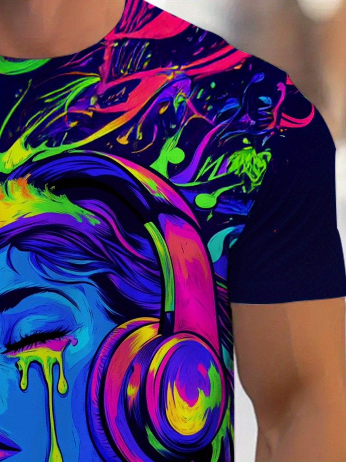 Men'S Vibrant Neon Art T-Shirt - Psychedelic Woman with Headphones Graphic, Colorful Swirl Design, Casual Crew Neck, Perfect for Festivals & Parties, Festival Clothing | Psychedelic Graphic Tee | Stretchy Fabric
