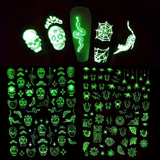 6pcs Glow-In-The-Dark Halloween Nail Art Stickers - Self-Adhesive, Reusable Decals With Skulls, Ghosts, Pumpkins & Spiders For Festive Manicure
