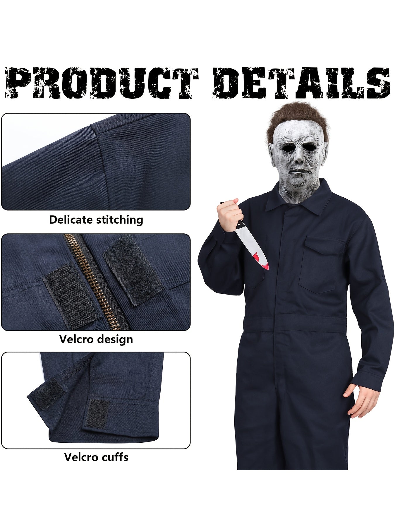 Men's Horror Movie Costume - Full Zipper Closure Work Overalls Jumpsuit, Halloween Jason Voorhees Outfit, Navy Blue Cosplay Suit for Themed Parties & Horror Events - Easy-to-Wear One-Piece Apparel, Easy Maintenance Clothing