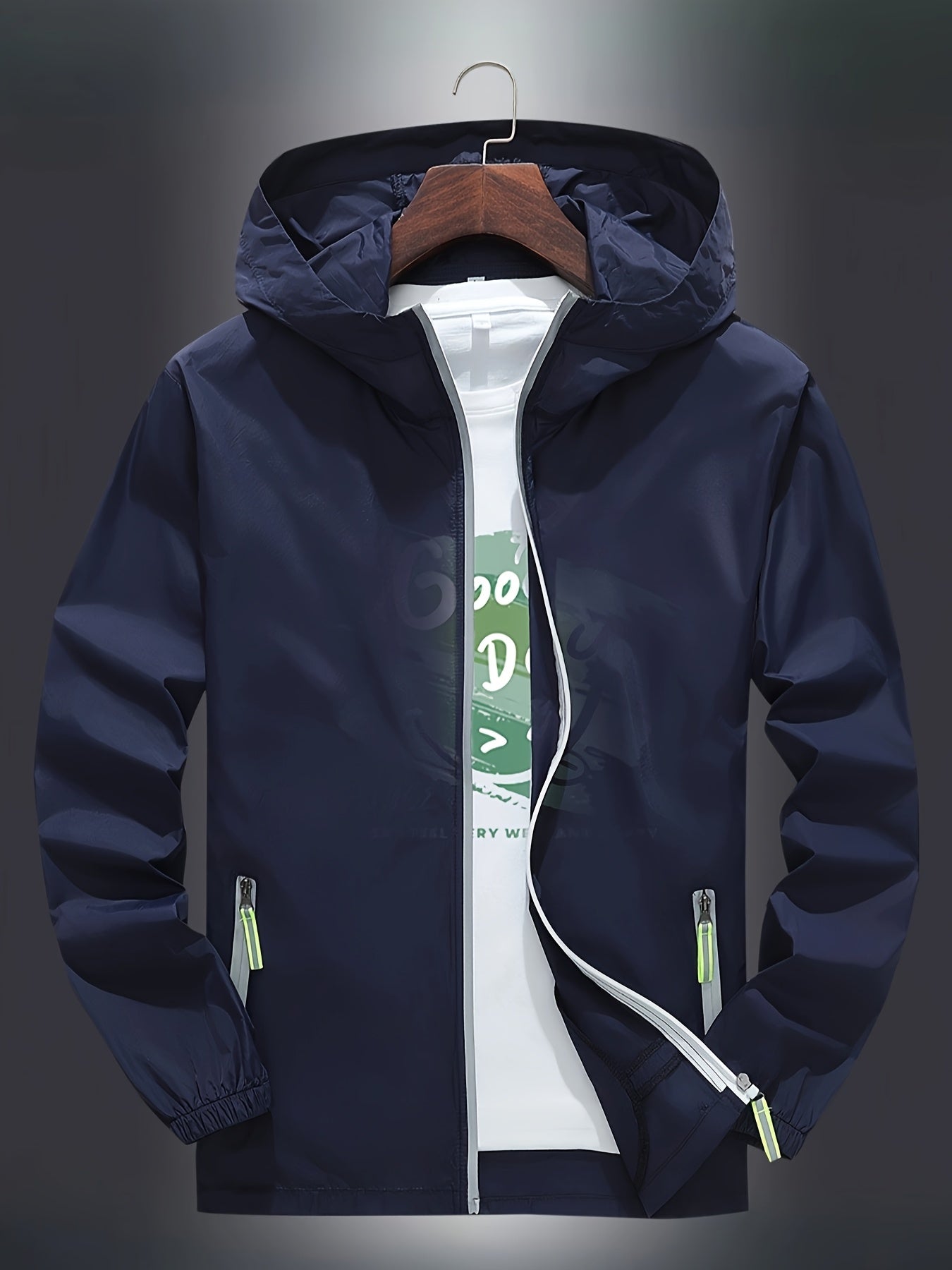 Men's Zip-Up Hooded Jacket - Breathable Reflective Outerwear for Gym, Cycling, Hiking & Beach Use - Lightweight Spring/Summer/Autumn Outdoor Wear with Zippered Storage Design. High-Quality Unisex Hoodie Perfect for Water Spor