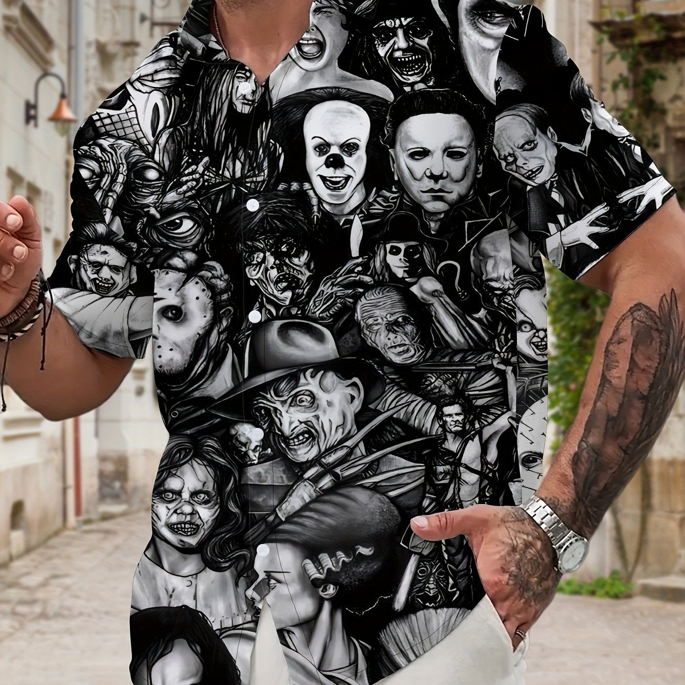 Men's Casual Short Sleeve Novelty Collar Shirt with Geometric Horror Character Print - Machine Washable Regular Fit Black & White Graphic Top for Casual Attire, Detailed Prints, Comfortable Fabric