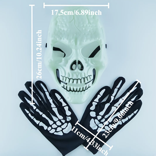 2pcs Glow-in-the-Dark Green Skull Series Luminous Mask & Gloves - Halloween Costume Party Accessory, Fashionable Plastic Makeup Masks for Nighttime Festivities, Halloween Costumes, Glowing Mask, Glowindark Feature