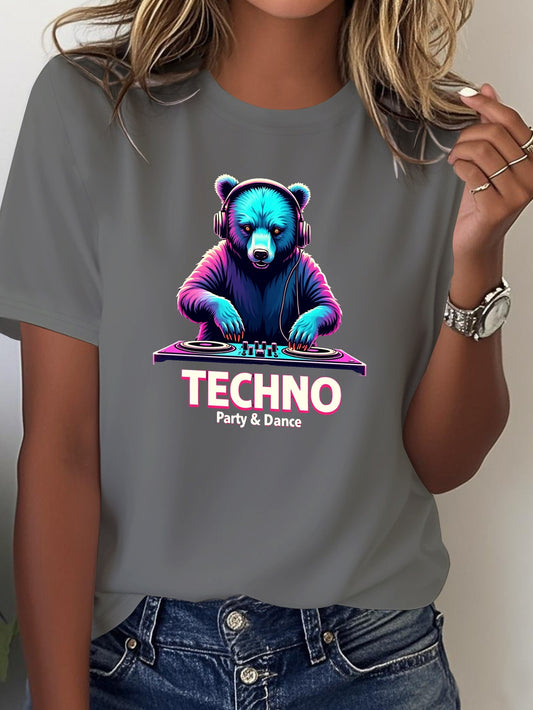 Women's Techno Party Bear DJ Graphic T-Shirt - Dark Grey with Neon Accents - Soft Everyday Tee for Clubbing, Raves & Casual Outfits - Machine Washable Party Shirt, Disco Party Outfit, Rave Clothing, Vibrant Print, Comfortable
