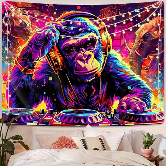 1pc Anime-Themed Blacklight Reactive Glow Tapestry, UV-Activated Wall Hanging with DJ Gorilla & Elephant, Knit Polyester Fabric, 85gsm, for Bedroom Ceiling, Dorm & Living Room Decor, No Electricity Needed
