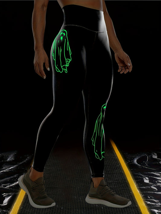 Women'S High-Waisted Stretchy Fitness Leggings with Glow-in-the-Dark Skull Print - Black, Elastic Waistband, Long Length for Running, Yoga & Halloween Party Wear, Yoga Pants, Halloween Leggings, Bold Graphic Pants, Highelasti