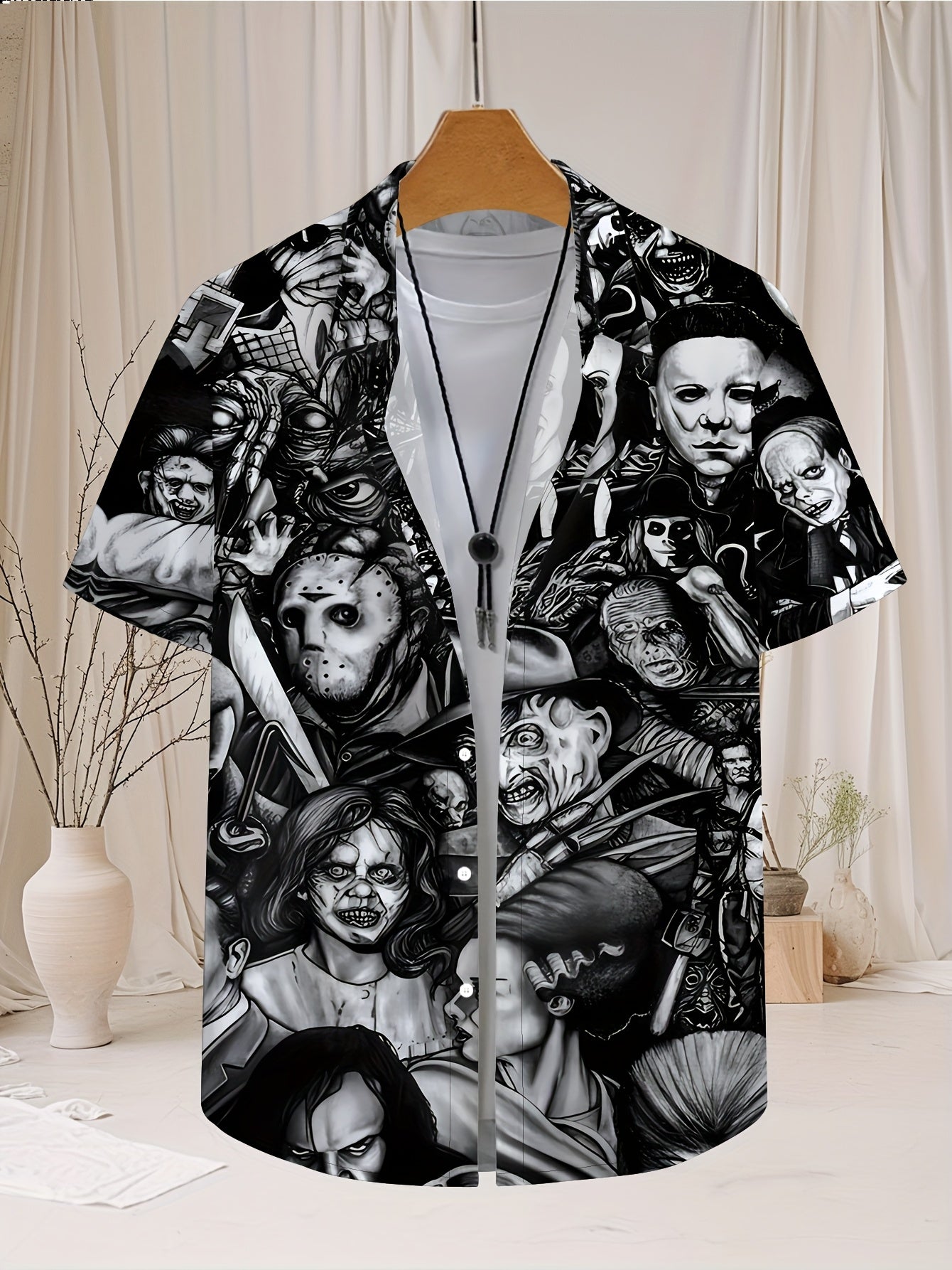 Men's Casual Short Sleeve Novelty Collar Shirt with Geometric Horror Character Print - Machine Washable Regular Fit Black & White Graphic Top for Casual Attire, Detailed Prints, Comfortable Fabric