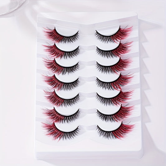 7 Pairs of False Eyelashes in Red And Black Mixed Colors, with Elongated Cross Design at The Outer Corners, 12Mm Length, Perfect for Festive Costumes for Christmas And Halloween, Model HX-2321. -Rainbow