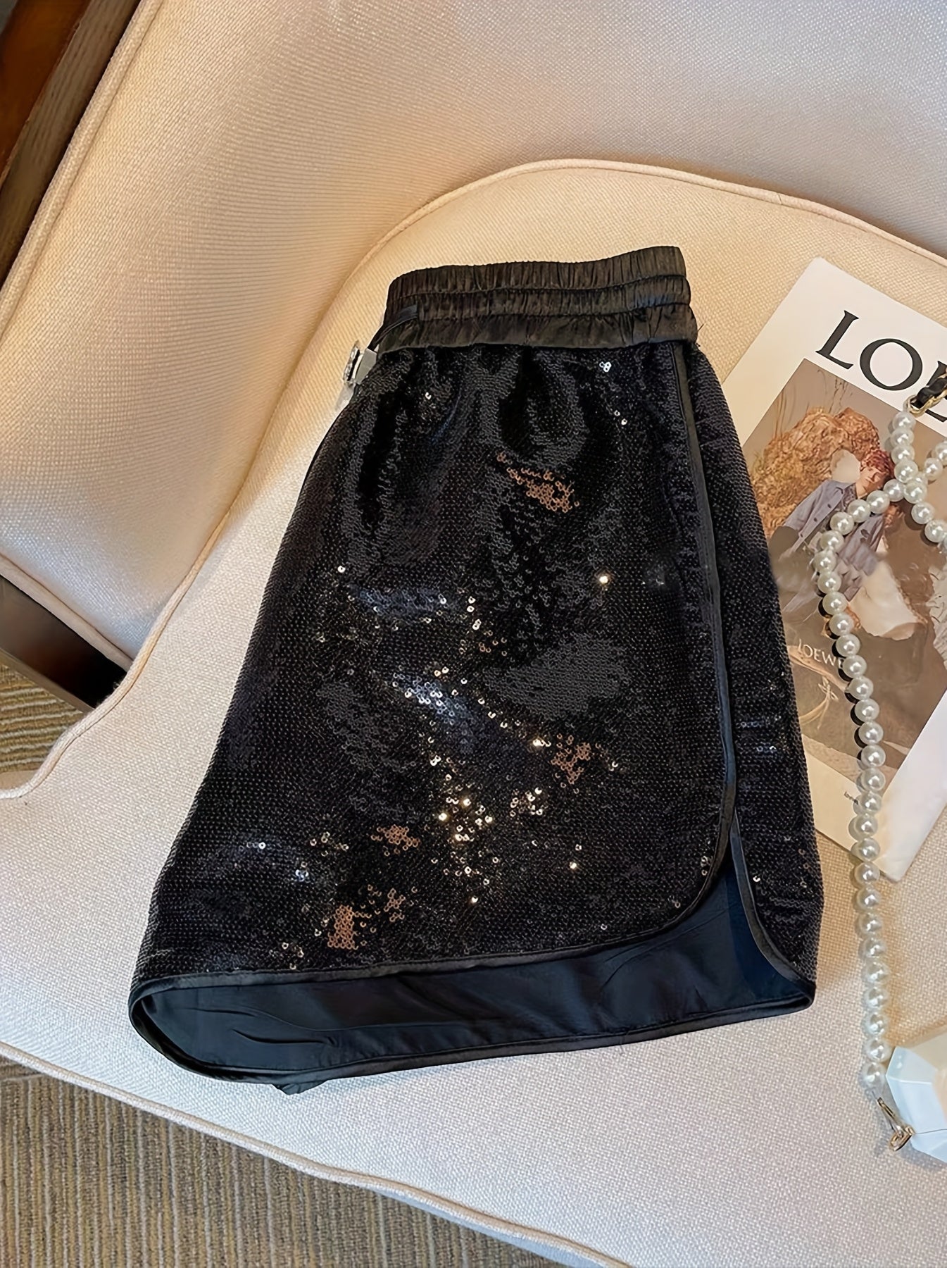 Women's Black Sequin Shorts with Elastic Drawstring Waist - Summer Sparkle Shorts for Casual & Formal Occasions, Non-Stretch Fabric, Hand Wash/Dry Clean