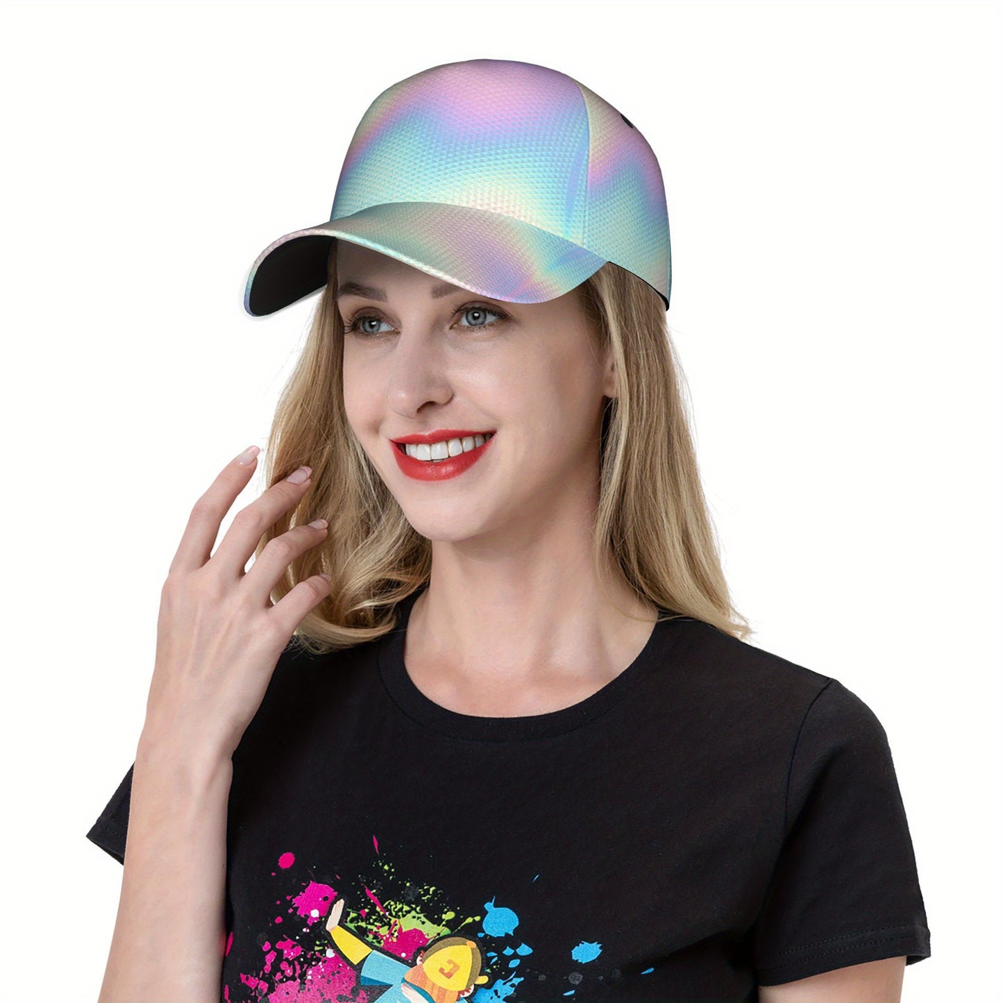1pc Rainbow Iridescent Reflective Baseball Cap for Men & Women - Adjustable Lightweight Duckbill Hat with Cartoon Pattern, Outdoor Casual Travel Beach Party Hat, Perfect Gift for Halloween, Father’s Day, Graduation, Travel