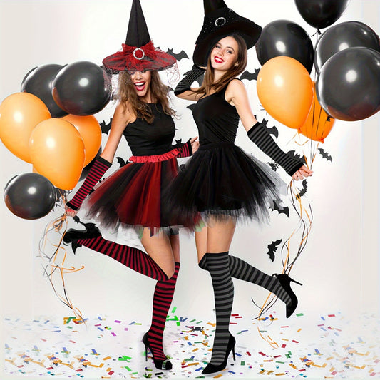4pcs Halloween Witch Costume Set for Women Ladies Gothic Cosplay Witch Hat Striped Knee High High Over Knee Witch Stockings Arm Warmers Tutu Skirt Set for Women Halloween Witch Cosplay Party Favor Cosplay Costume Accessories
