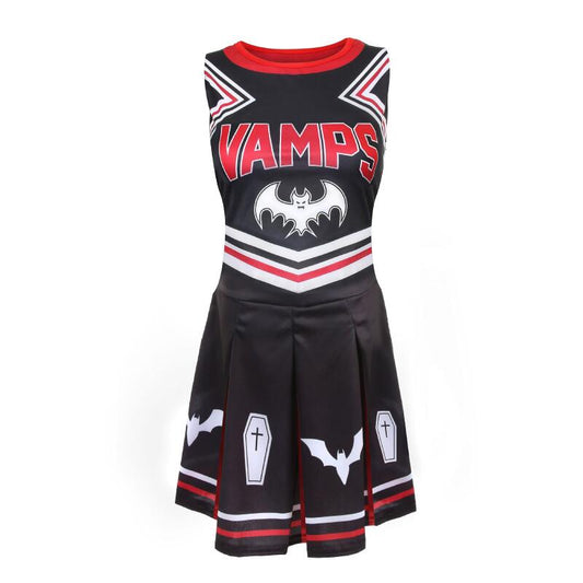 Ladies Halloween Vampire Cheerleader - Small - Black And Red Pleated Cheerleader Dress With Coffin And Bat Designs - Womens Trick Or Treat Halloween Fancy Dress Costume