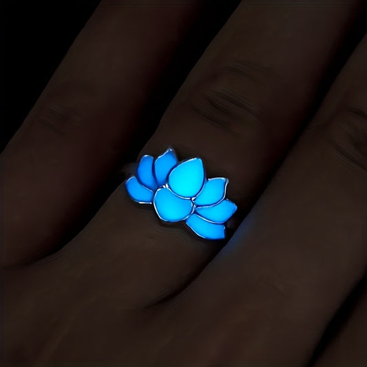 Glow-in-the-Dark for Lotus Flower Ring for Men & Women - Elegant Black & Blue Faux Design, Fashionable Accessory for Festivals, Festival Jewelry|Glamorous Accessory|Alloy Construction, for Lotus Flower Jewelry