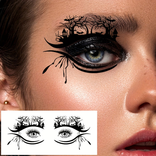 10-Pack Halloween Eye Tattoo Stickers, Skull Pumpkin Cat Bat Spider Web Designs, Festive Party Funny Face Makeup Temporary Tattoo Stickers, Oblong Shape
