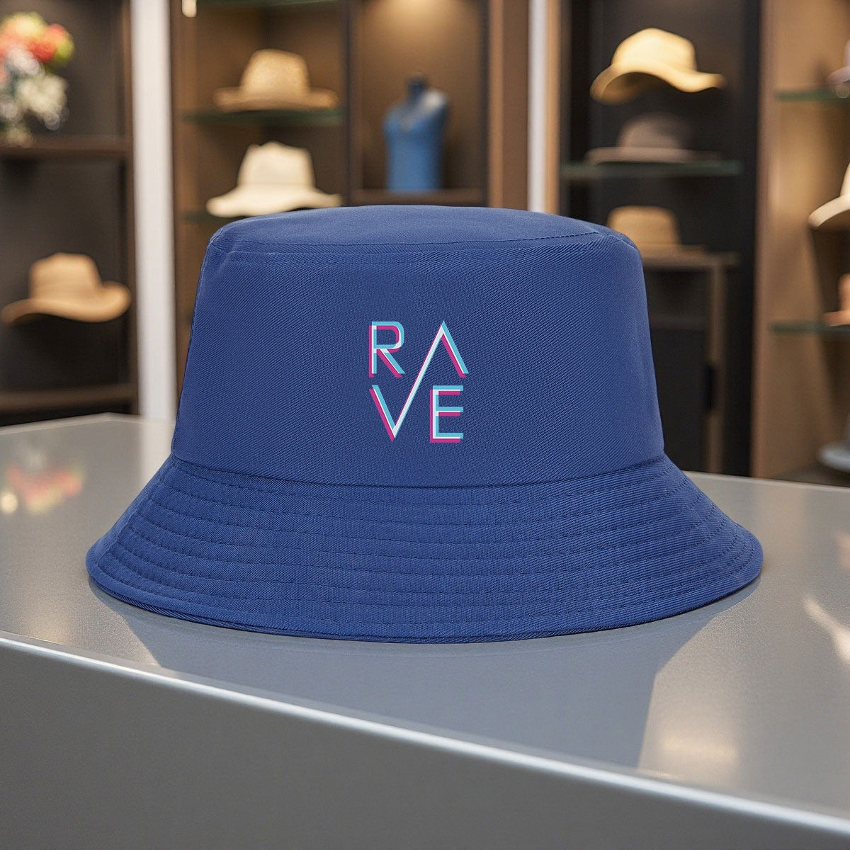 Rave Classic Unisex Bucket Hat - Breathable Polyester, Adjustable Fit, Neon "RAVE" Print, Casual Streetwear for Sports, Dance & Outdoor Activities, Black with Pink & Blue Neon Design, Dance Accessory | Adjustable Fit Hat | Po