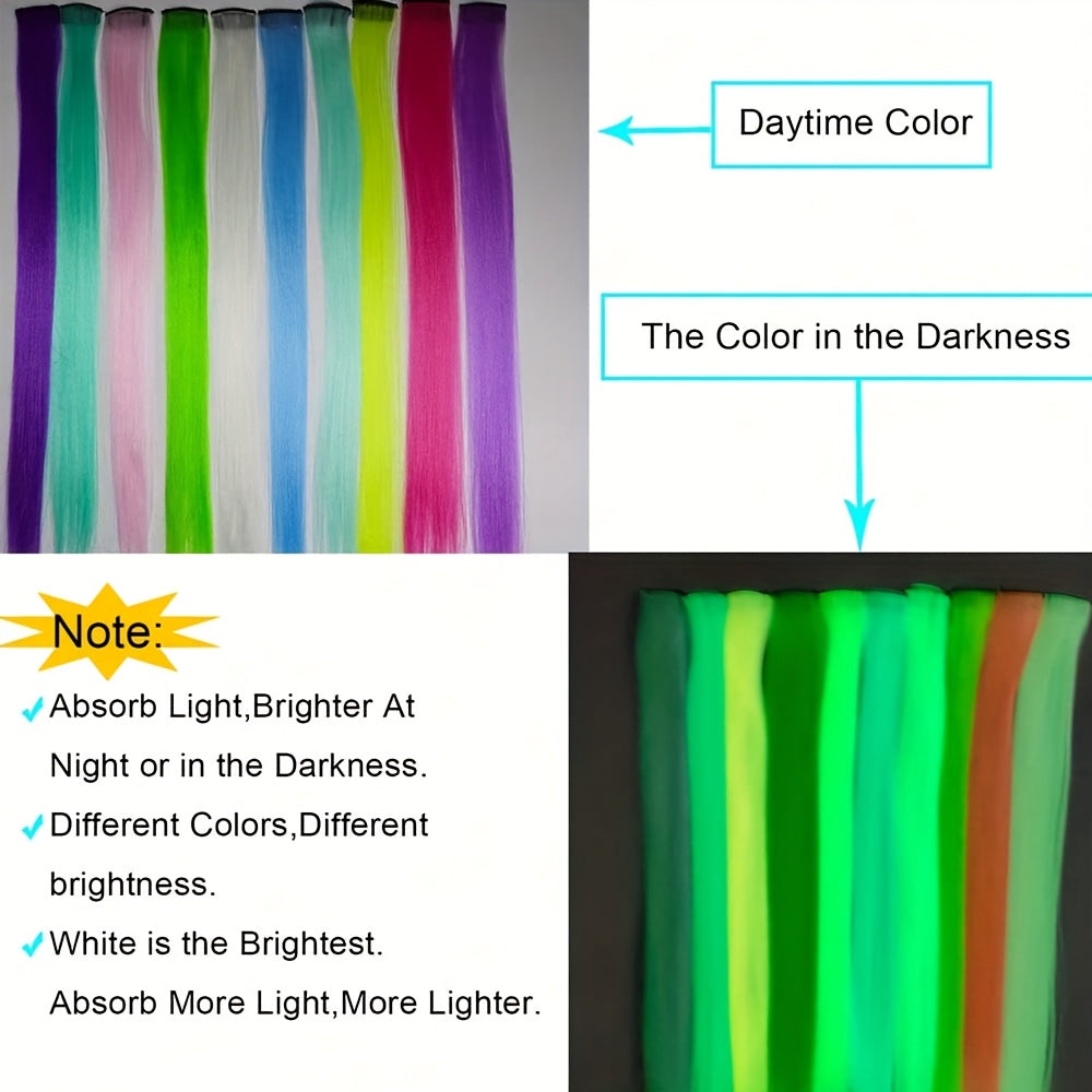 10pcs Glowing Clip-In Synthetic Hair Extensions 20-Inch Colorful Neon Glow-in-the-Dark Wigs, Easy-to-Wear Clip Design, Smooth Soft Texture, Women'S Daily Fashion Accessory for Halloween New Year Parties