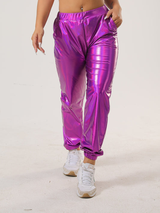 Women's Vibrant Purple Casual Tapered Leggings with Elastic Waistband & Side Pockets - Medium-Stretch All-Season Comfort for Lounge, Workouts & Casual Attire, Leggings, Lounge Wear, Fashionable Jogger Style, Medium Elasticity