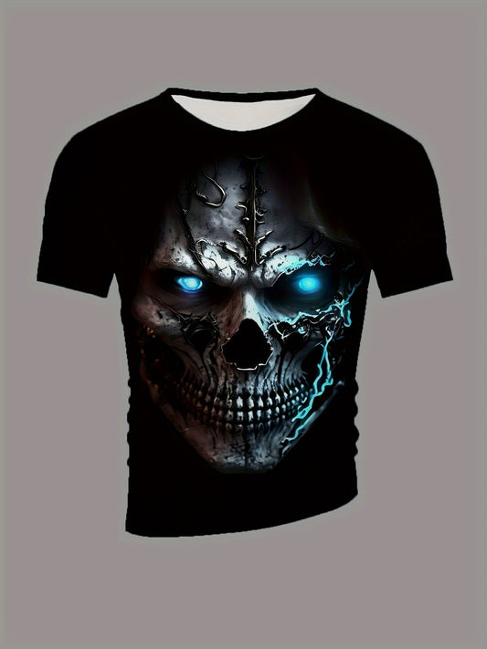 Vintage Skull Print T-Shirt for Men - Retro O-Neck, Short Sleeve Tee with Scar Detail - Perfect for Halloween & Streetwear