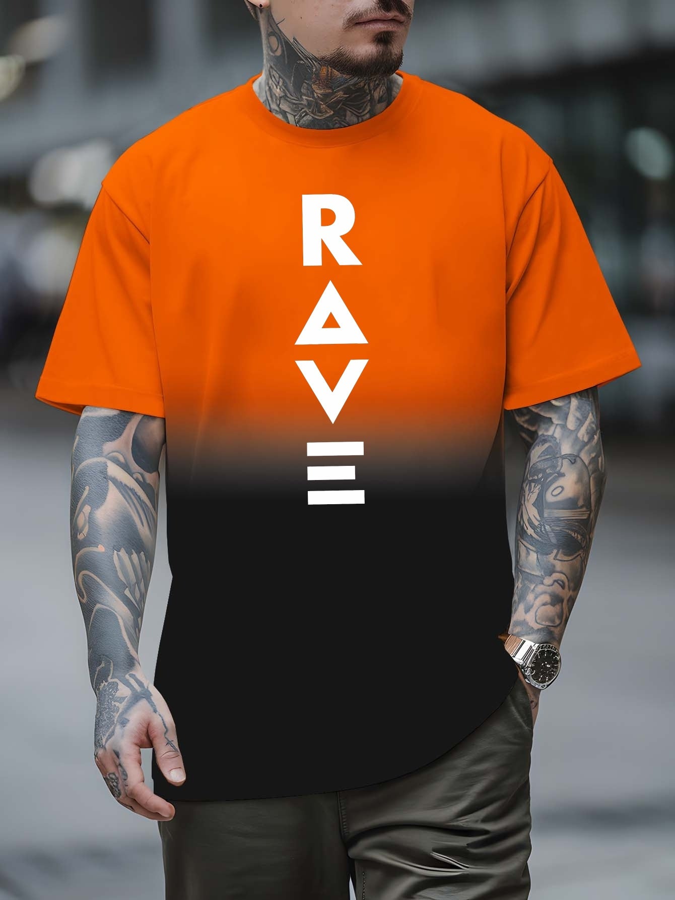 Men's Gradient Rave Graphic T-Shirt - Ice Silky Breathable, Quick-Dry, Round Neck, Short Sleeve, Casual Summer Tee in Vibrant Orange to Black Ombre Design