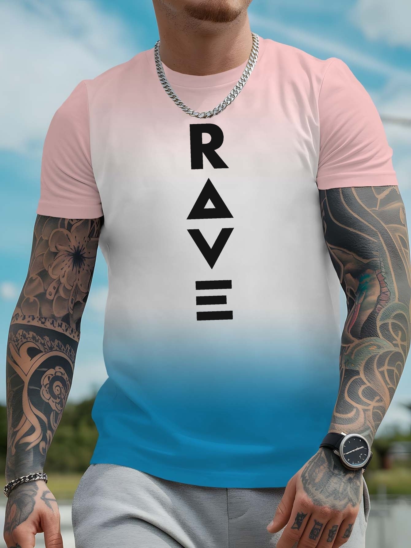 Men's Gradient Rave Graphic T-Shirt - Ice Silky Breathable, Quick-Dry, Round Neck, Short Sleeve, Casual Summer Tee in Vibrant Orange to Black Ombre Design